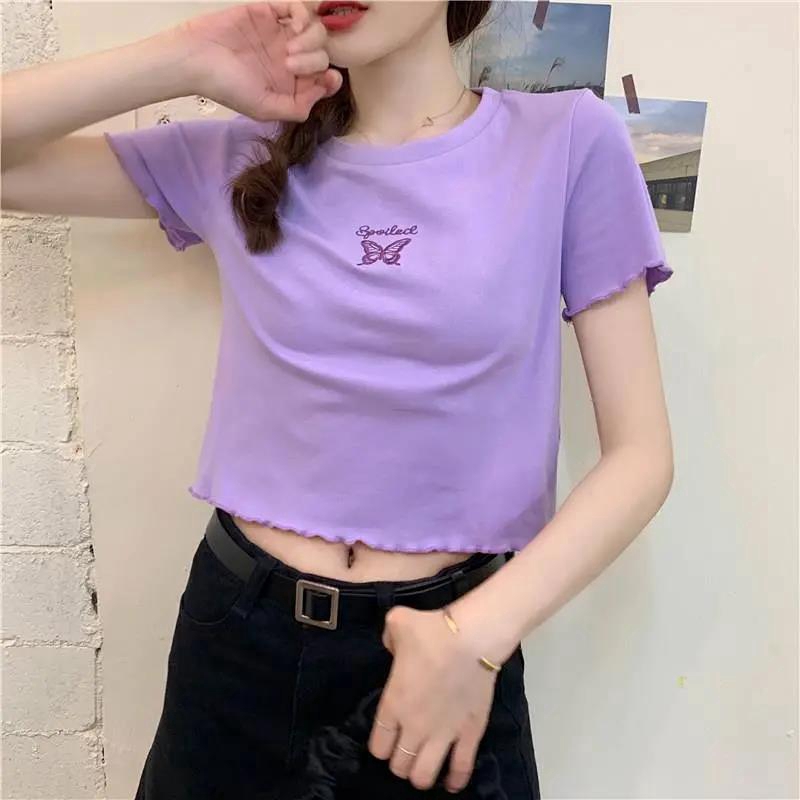 Áo Thun Croptop Thêu Hình Bướm Xinh Xắn Cho Nữ