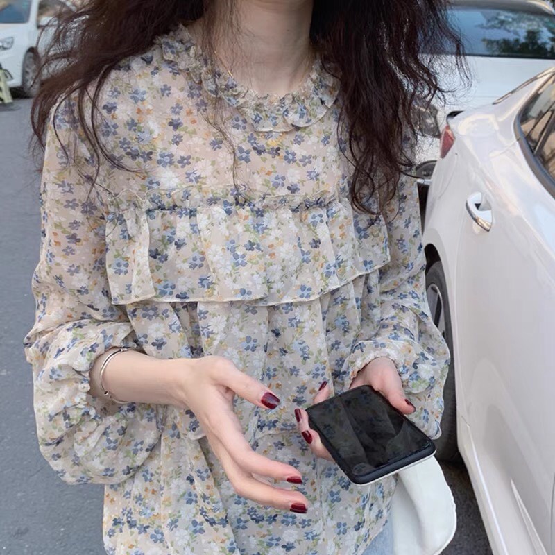 Áo Voan Dài Tay In Hoa Với Thiết Kế Dáng Rộng Xinh Xắn Theo Phong Cách Hàn Quốc | BigBuy360 - bigbuy360.vn