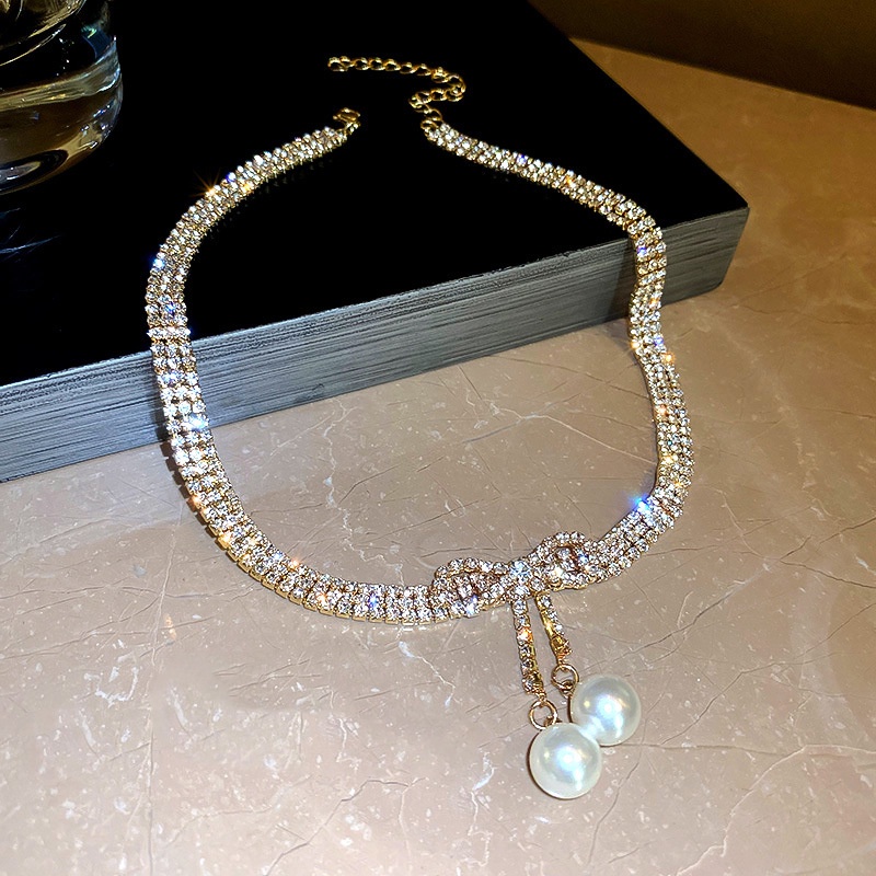 Vòng Cổ choker Thời Trang Hàn Quốc Cao Cấp Đính Kim Cương Giả &amp; Ngọc Trai Hình