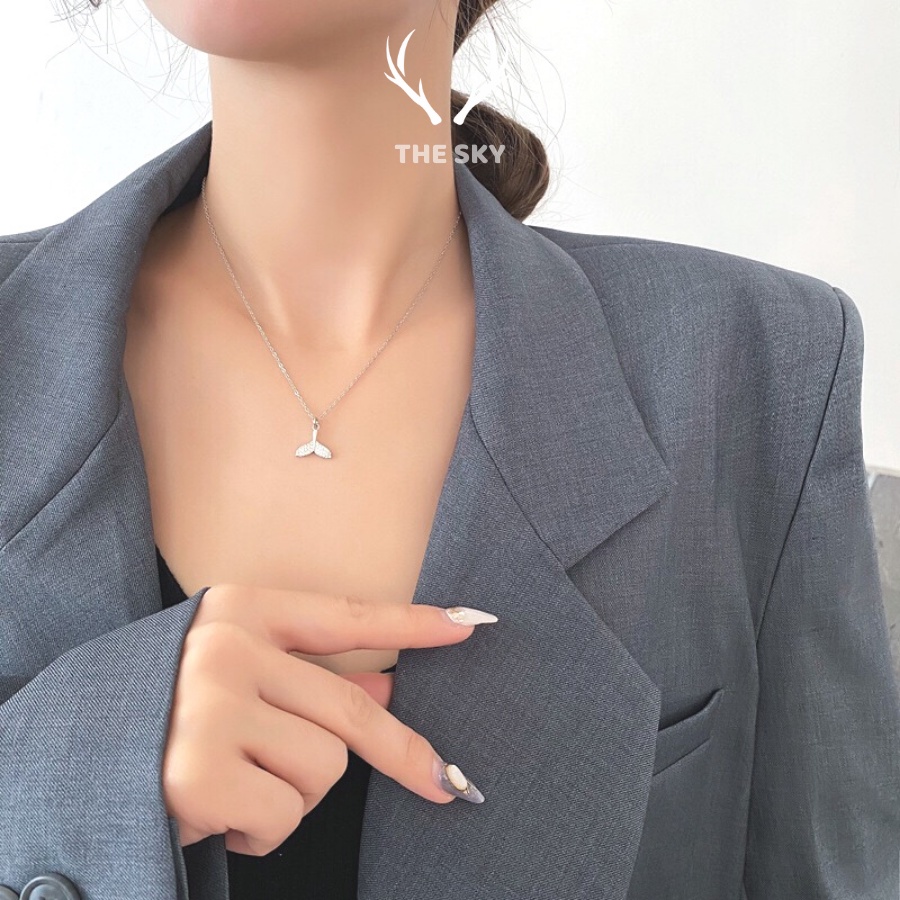 Vòng cổ nữ DC1003 mặt hình đuôi cá đính đá xinh xắn, dây chuyền bạc hàng thiết kế The Sky