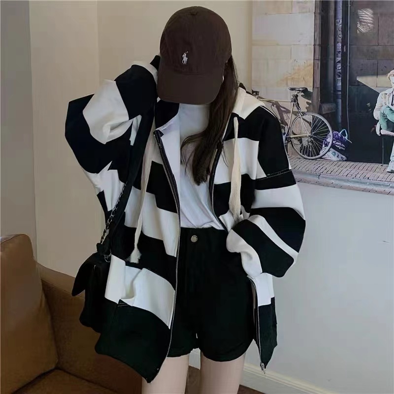 Áo Hoodie Dáng Rộng Họa Tiết Kẻ Sọc Thời Trang Mùa Thu Hàn Quốc Mới Cho Nữ