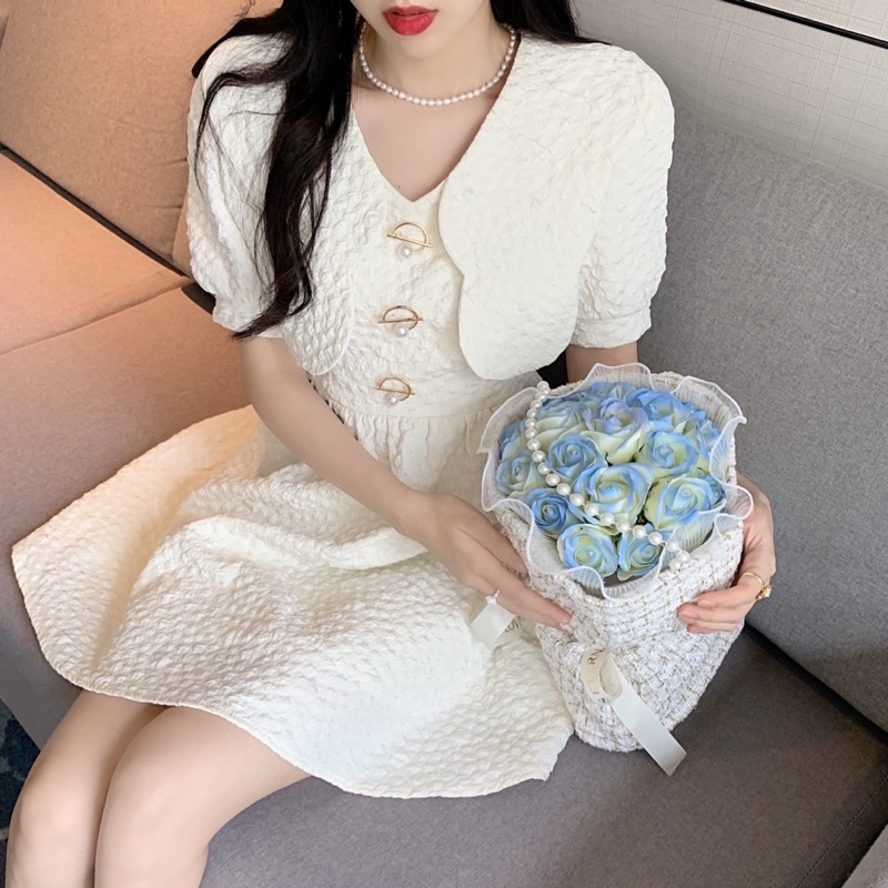 Đầm Váy Liền Nữ Màu Trắng Thiết Kế Vải Xốp Dáng Xoè Tay Bồng Tiểu Thư Hàn Quốc Nhẹ Nhàng Mặc Dự Tiệc Đám Cưới Sinh Nhật