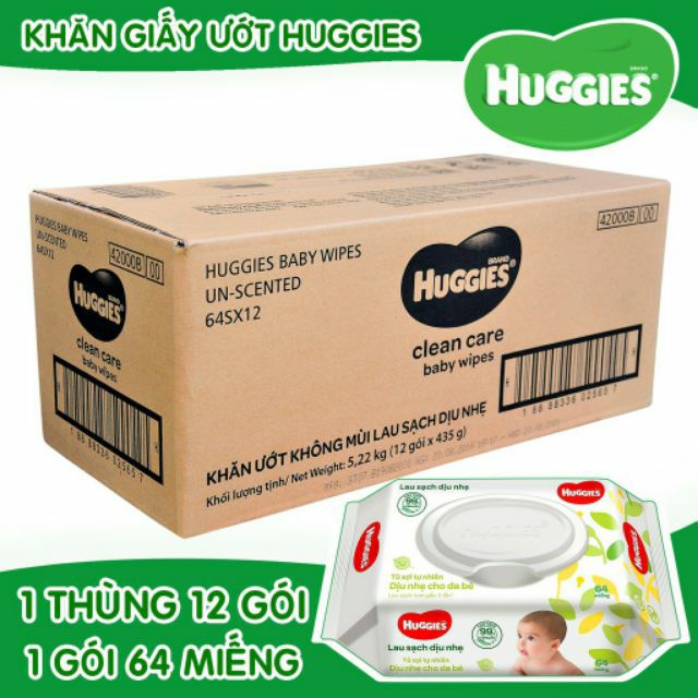 Nguyên thùng 12 gói khăn ướt Huggies không mùi loại 64 tờ