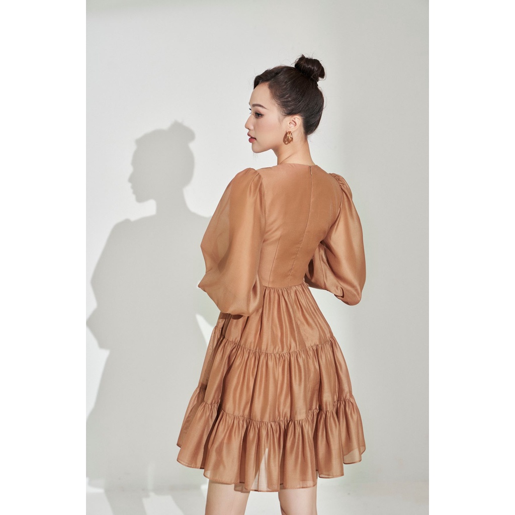 MOLLYNISTA - Đầm Miona tay bồng xếp nhún cổ von tơ tiểu thư nữ tính thiết kế cao cấp đi chơi đi tiệc