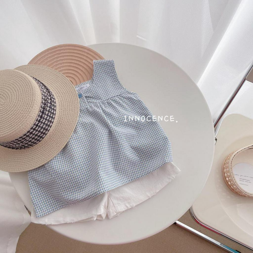 Set Đồ Mùa Hè Năm 2021 Gồm Áo Hai Dây Và Quần Ngắn Kẻ Ô Phong Cách Hàn Quốc Cho Bé Gái 5