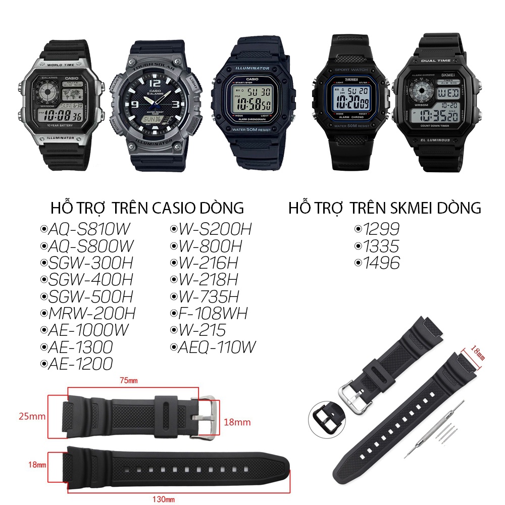 Dây nhựa đồng hồ Casio AE1200, SKMEI 1335