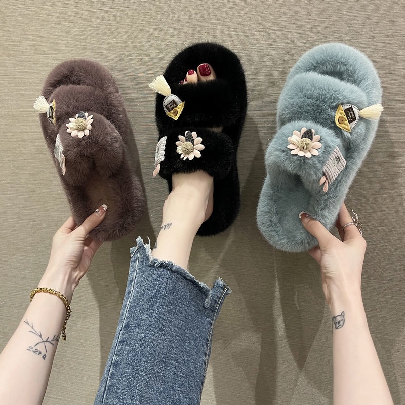 Dép Bông Hoa Đế Dày Thời Trang Thu Đông Mới