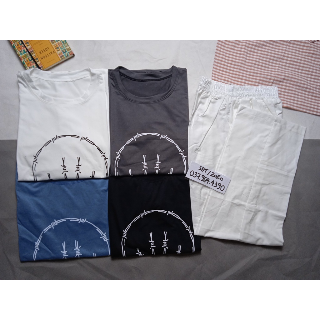 SQ012 Set áo thun đen xanh mặt cười quần kaki ống rộng trắng bộ áo phông cộc tay đen quần culottes suông Ulzzang cute