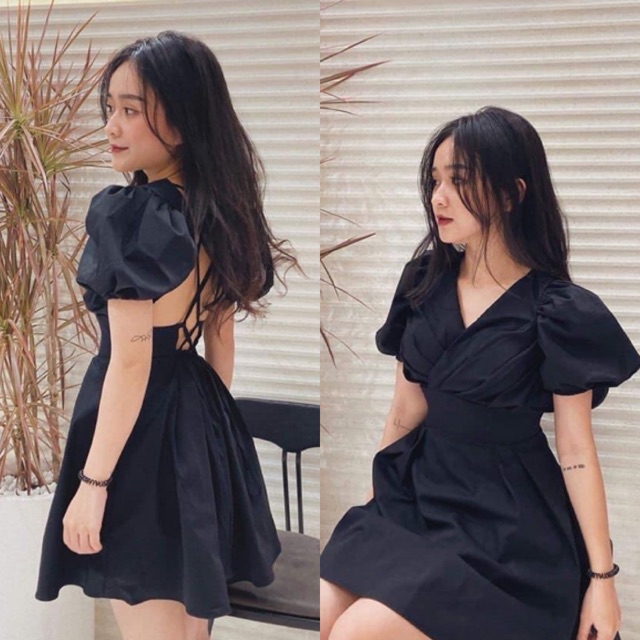 Đầm Trắng Ruen Dress váy xinh dự tiệc from chuẩn xếp li chéo trước ngực cổ V hở lưng đan dây chéo có mút ngực | BigBuy360 - bigbuy360.vn