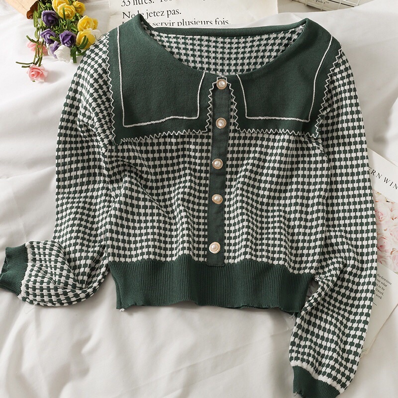 Áo len nữ sweater cổ thuỷ thủ phiên bản dài tay phối cúc ngọc hàng Quảng Châu siêu đẹp