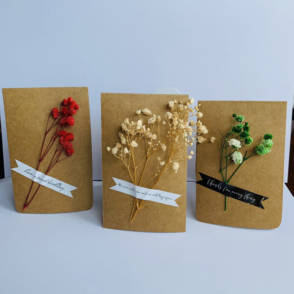 Thiệp hoa khô cho sự kiện handmade lời chúc cho tất cả các ngày kỷ niệm kèm phong bì và hoa baby màu ngẫu nhiên