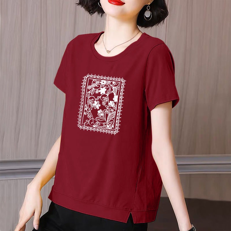 Áo thun cotton ngắn tay dáng rộng thời trang mùa hè cho phụ nữ trung niên