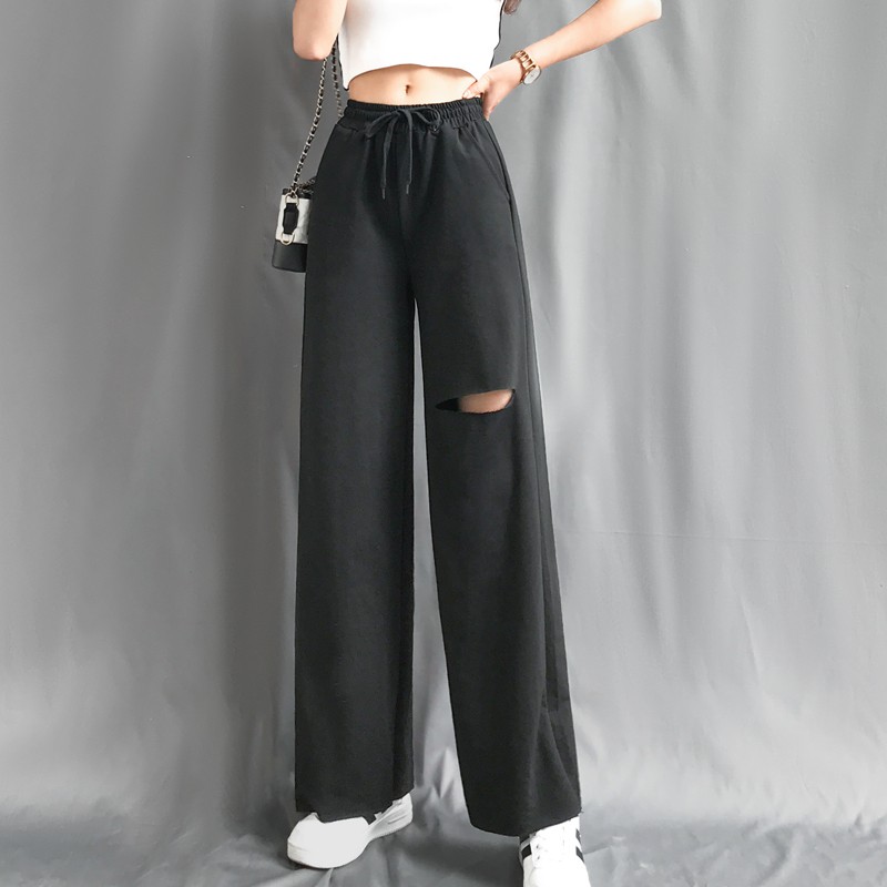 Quần Culottes Ống Rộng Nữ Chất Thun Trơn Mịn Co Giãn Tốt Phối Chi Tiết Rách Đùi Cá Tính SEPTEMBERGIRL1989 WM QUAN HQ11