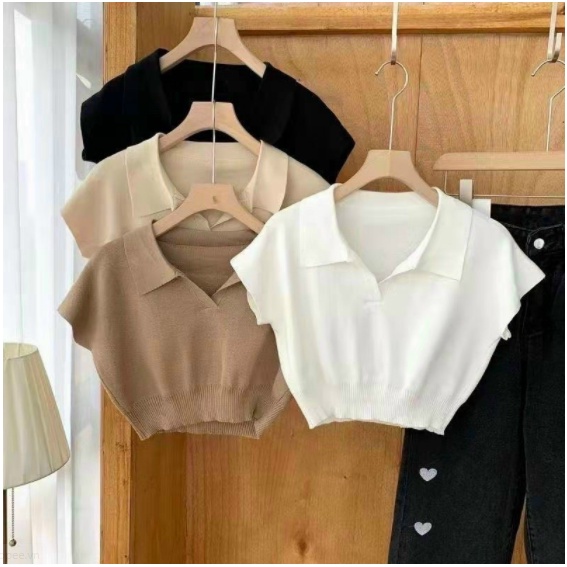 Áo Croptop Dệt Kim Tay Ngắn Thiết Kế Cổ Chữ V Quyến Rũ Xinh Xắn Cho Nữ