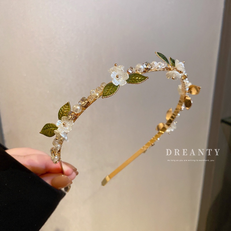 Băng Đô Cài Tóc Hình Hoa Lá Đính Ngọc Trai Phong Cách Mori Hàn Quốc Sang Trọng