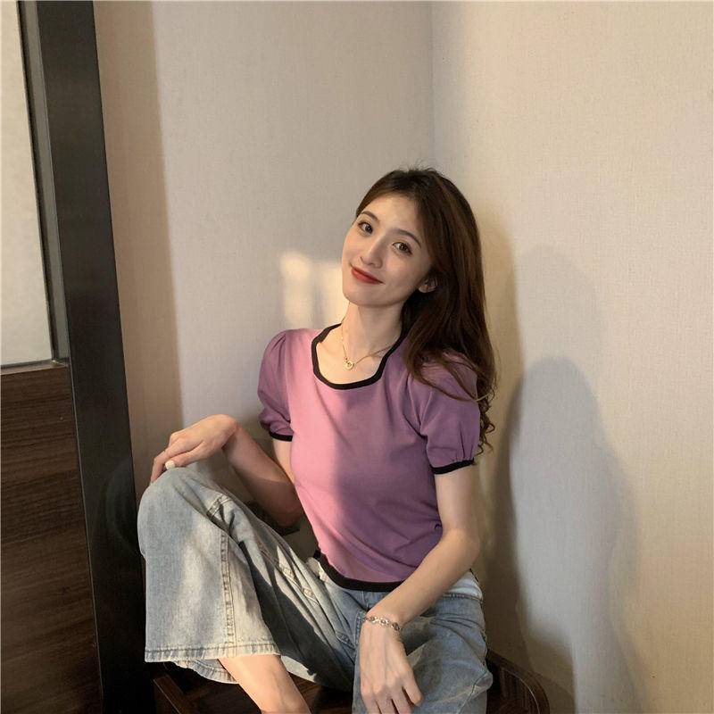 Áo Thun Tay Ngắn Cổ Vuông Màu Sắc Tương Phản Phong Cách Hàn Quốc Thời Trang Mùa Hè Cho Nữ