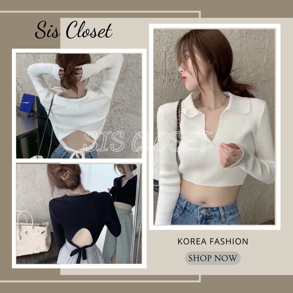 Áo croptop cổ V tay dài ôm body khoét lưng thắt nơ chất thun gân sang chảnh phong cách Ulzzang