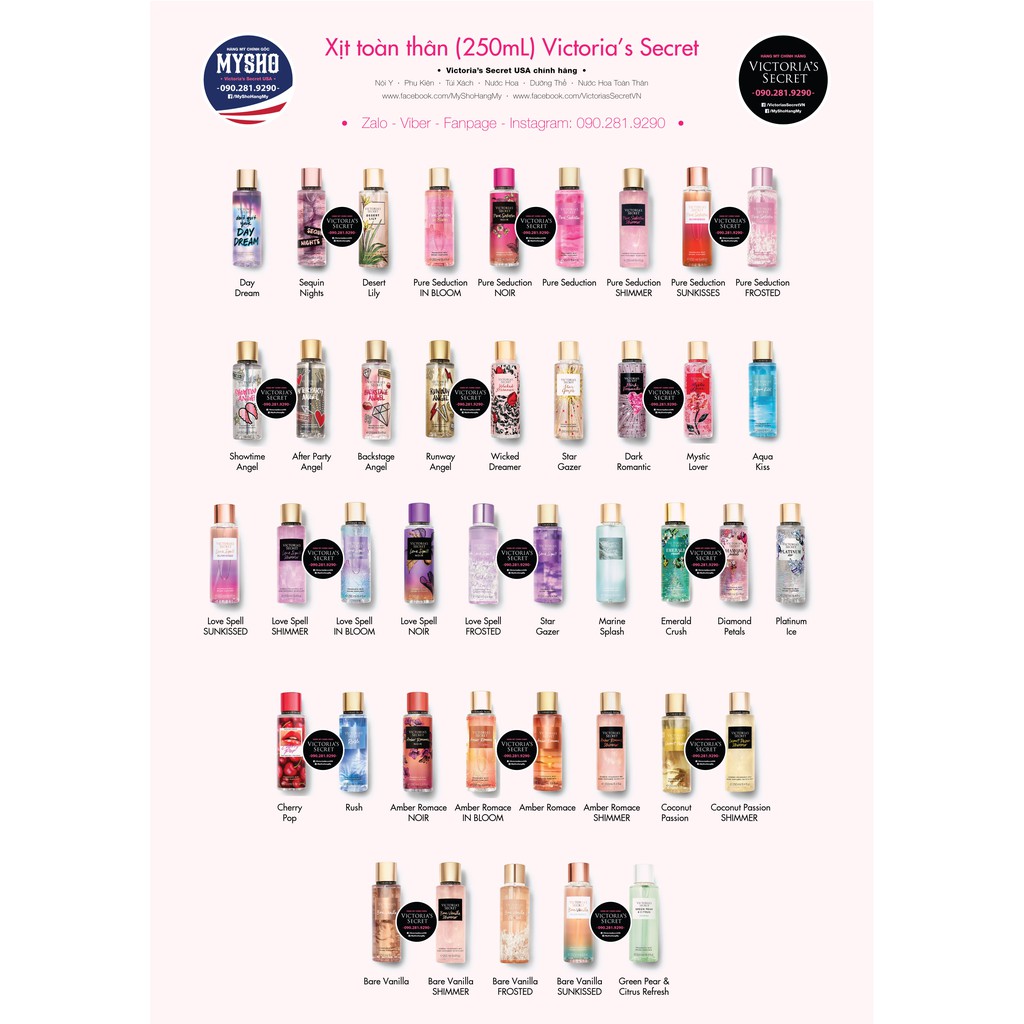 Lotion dưỡng thể Amber Romance, Pure Seduction, Love Spell, Bare Vannila Victoria's Secret USA 236ml