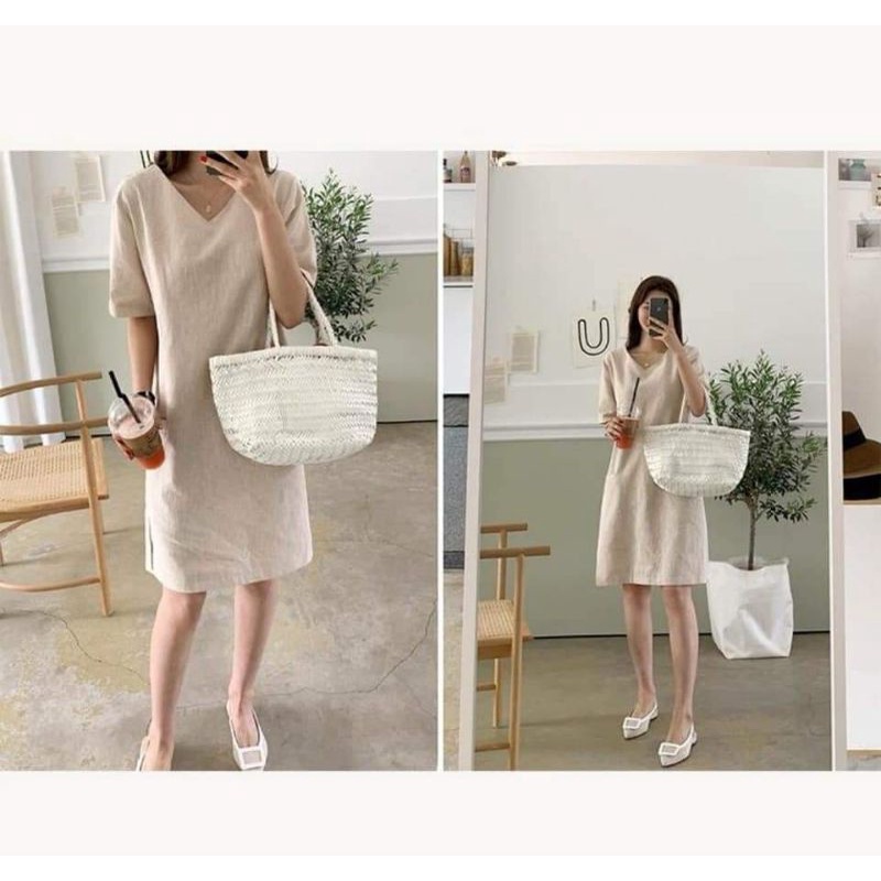 Váy linen cổ tim túi cơi xẻ đùi đủ size từ S đến XL (44-63kg)