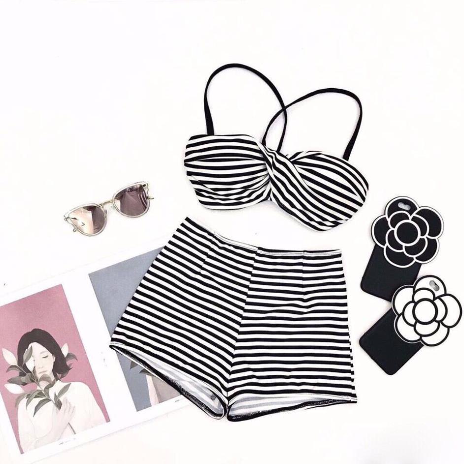 Bikini áo tắm 2 mảnh áo sọc đen trắng áo dây xoắn (Ảnh khách) ! *