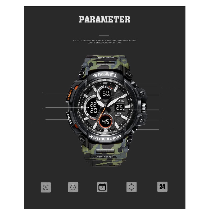 Đồng hồ kim/điện tử SMAEL 1708 thời trang nam kháng nước 50M màn hình LED có hiển thị lịch
