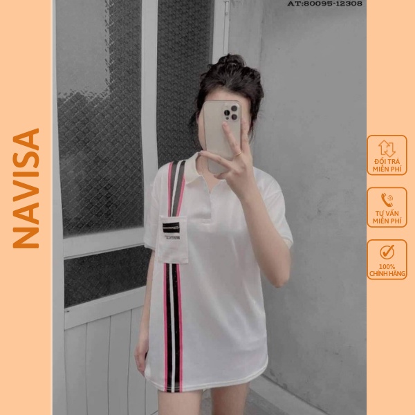 Áo thun polo nam nữ unisex form rộng tay ngắn phối viền sọc NAVISA M022