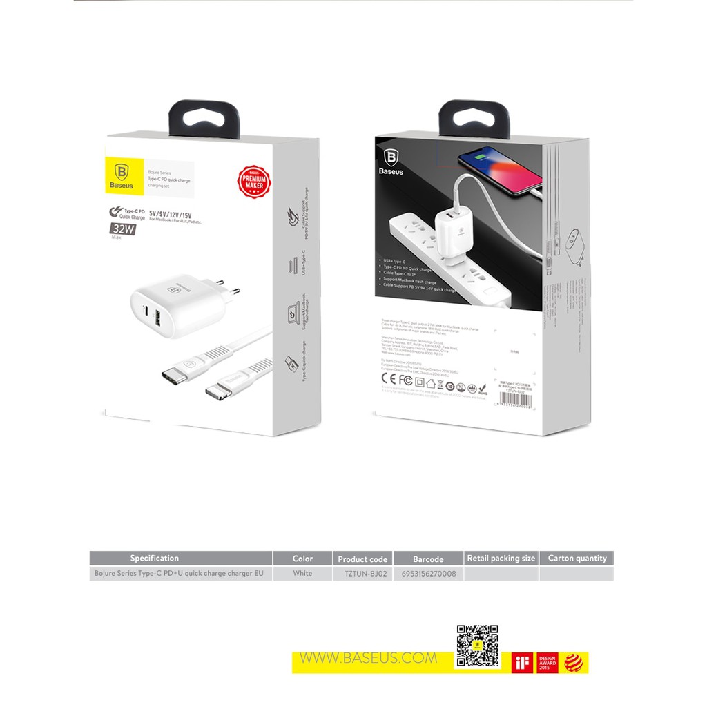 Cốc sạc nhanh Baseus công suất 32W cổng TypeC và PD Sạc Nhanh USB Charger Đối Với iPhone X 8 kèm cáp Type C Cáp Sạc Nhan