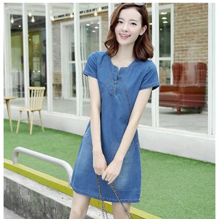 Đầm jean wash suông phối túi cổ V + tặng sổ tay - N1144