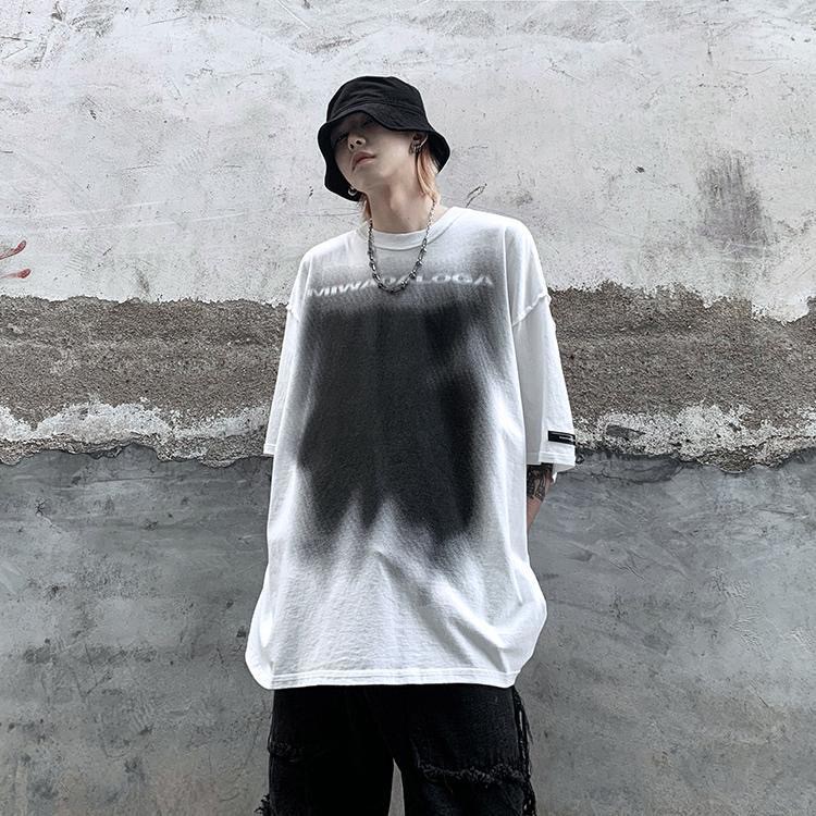 Ông. Áo Thun Đen Tay Lỡ Dáng Rộng Họa Tiết Graffiti Phong Cách Đường Phố Cho Nam