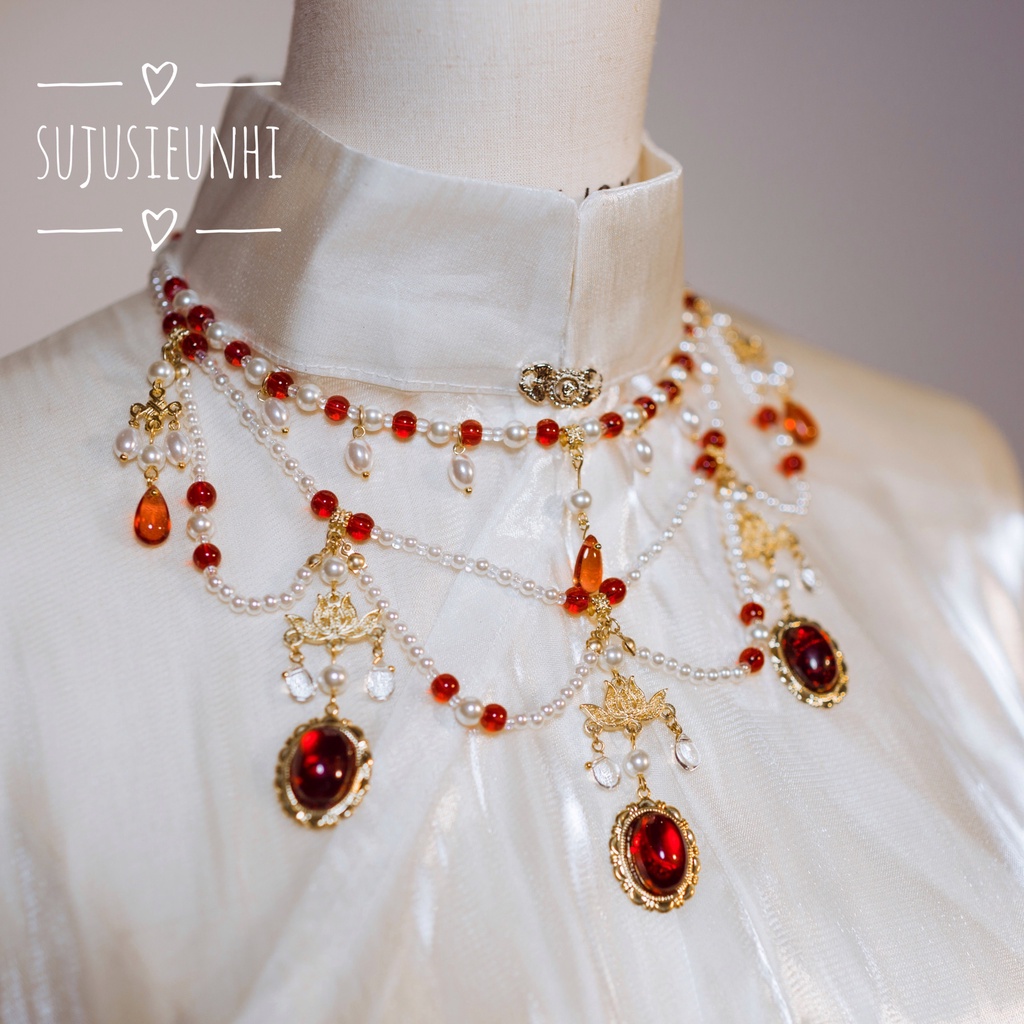 2 mẫu vòng ngọc nhân tạo màu đỏ đeo cổ, đeo trán phong cách cổ xưa Trung Hoa