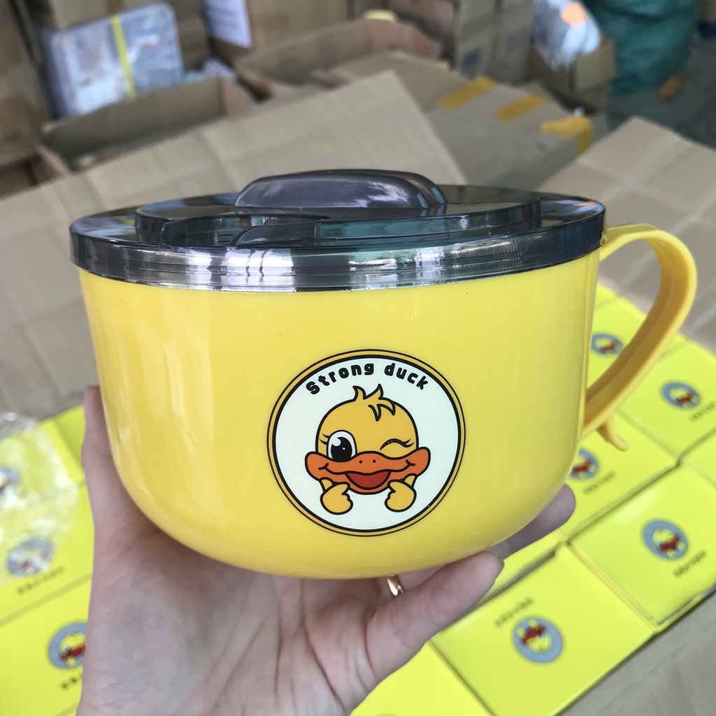 Bát úp mì màu vàng xanh lõi inox giữ nhiệt cao hình chú vịt vàng đáng yêu