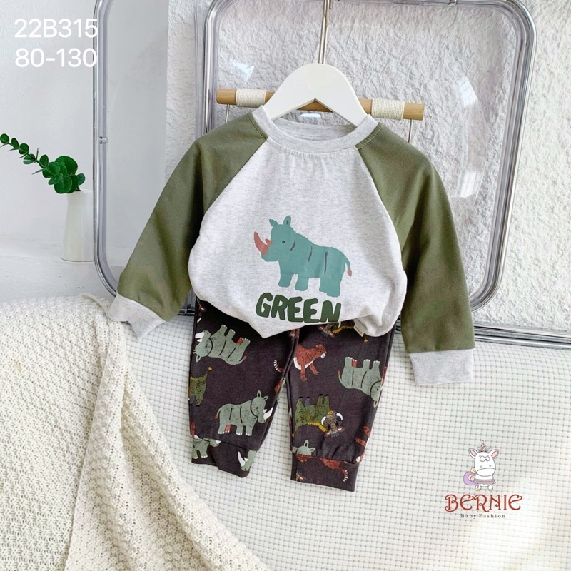 [ Ảnh thật cận chất] Bộ bé trai Bernine dài tay hoạ tiết tê giác chất da cá cho bé từ 9-22kg