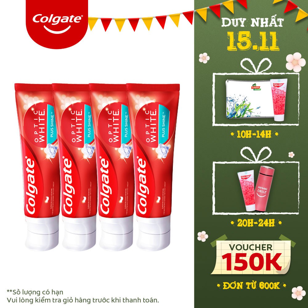 [Mã COSCOL11 giảm 8% đơn 250K] Bộ 4 Kem đánh răng Colgate Optic White Plus Shine làm trắng răng & sáng răng 100g/hộp