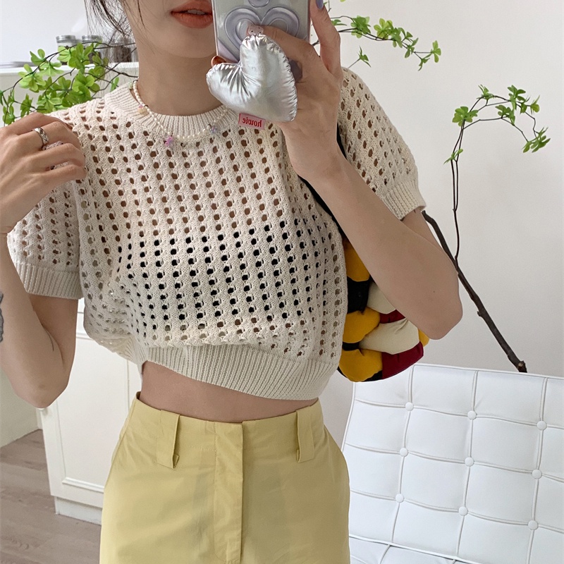 IELGY Áo Thun Dệt Kim Tay Ngắn Dáng Rộng Đục Lỗ Kiểu Hàn Quốc Thời Trang Cho Nữ