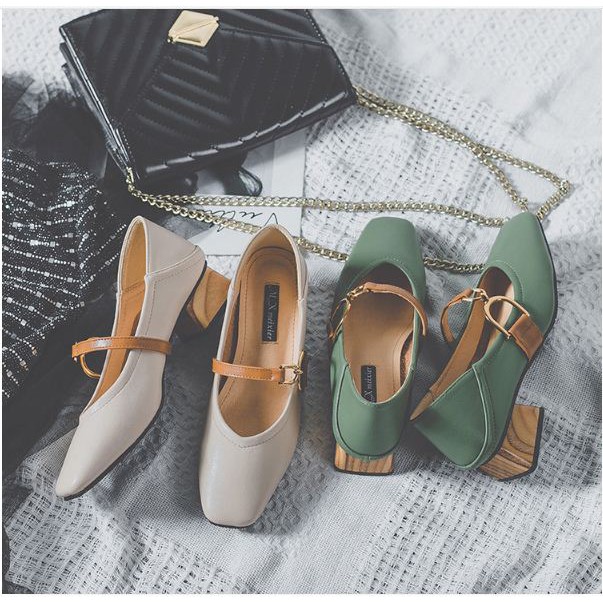 Giày Cao Gót Vintage Nữ Da Mũi Vuông 4 Phân Trang Trí Vân Gỗ Công Sở