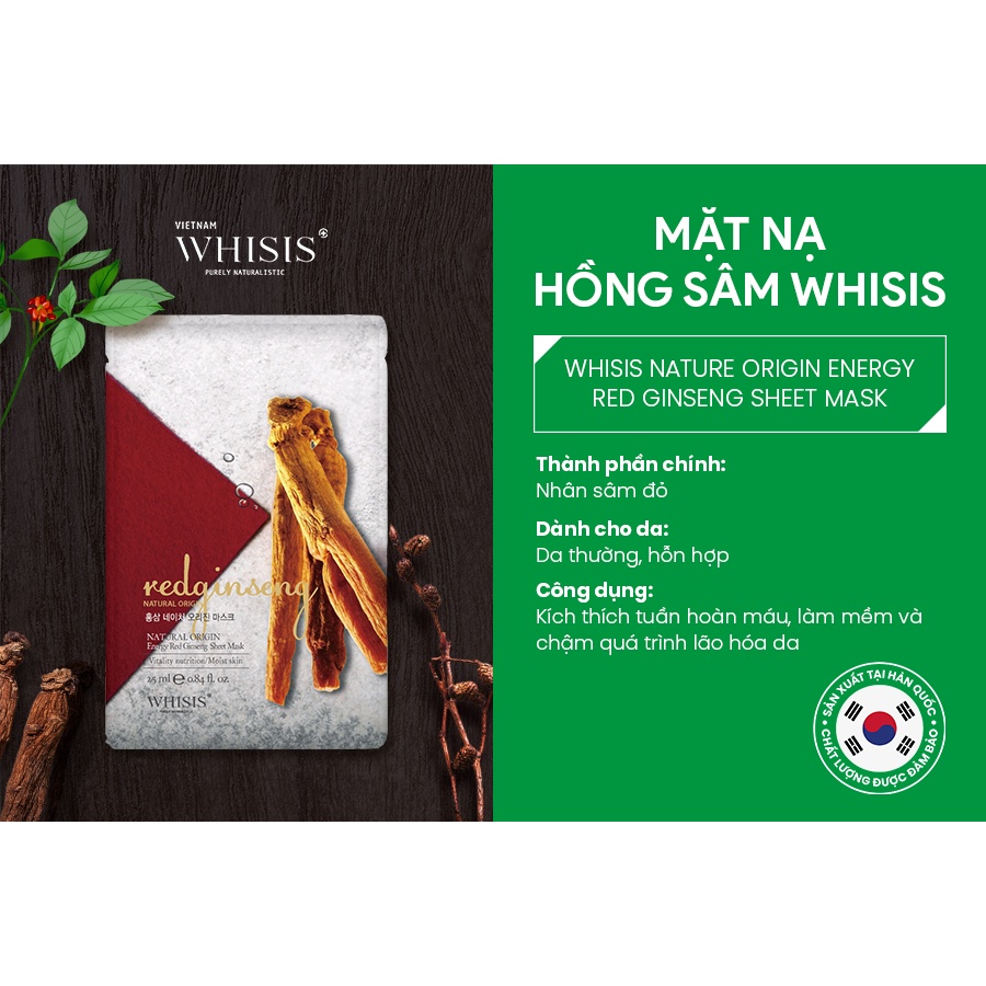 Combo 10 Mặt Nạ Hồng Sâm WHISIS Nature Origin Energy Red Ginseng Sheet Mask Làm Mát, Giảm Nám Tàn Nhan 25ml/miếng