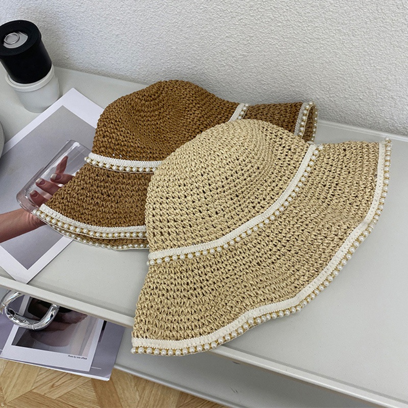 Han Chic Mũ Rơm Chống Nắng Đính Hạt Ngọc Trai Gấp Gọn Được Cho Đi Du Lịch Bãi Biển Giảm Tia UV Harm