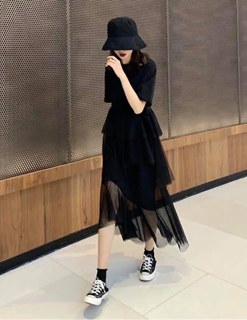 VÁY COTTON PHỐI TUYN GẤU DÁNG DÀI QCCC
