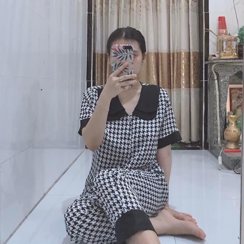 PIJAMA TAY NGẮN LỤA MANGO CỔ SEN