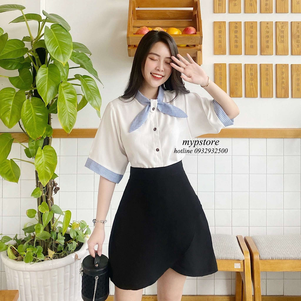 Áo sơ mi trắng đan bâu sọc mypstore A47