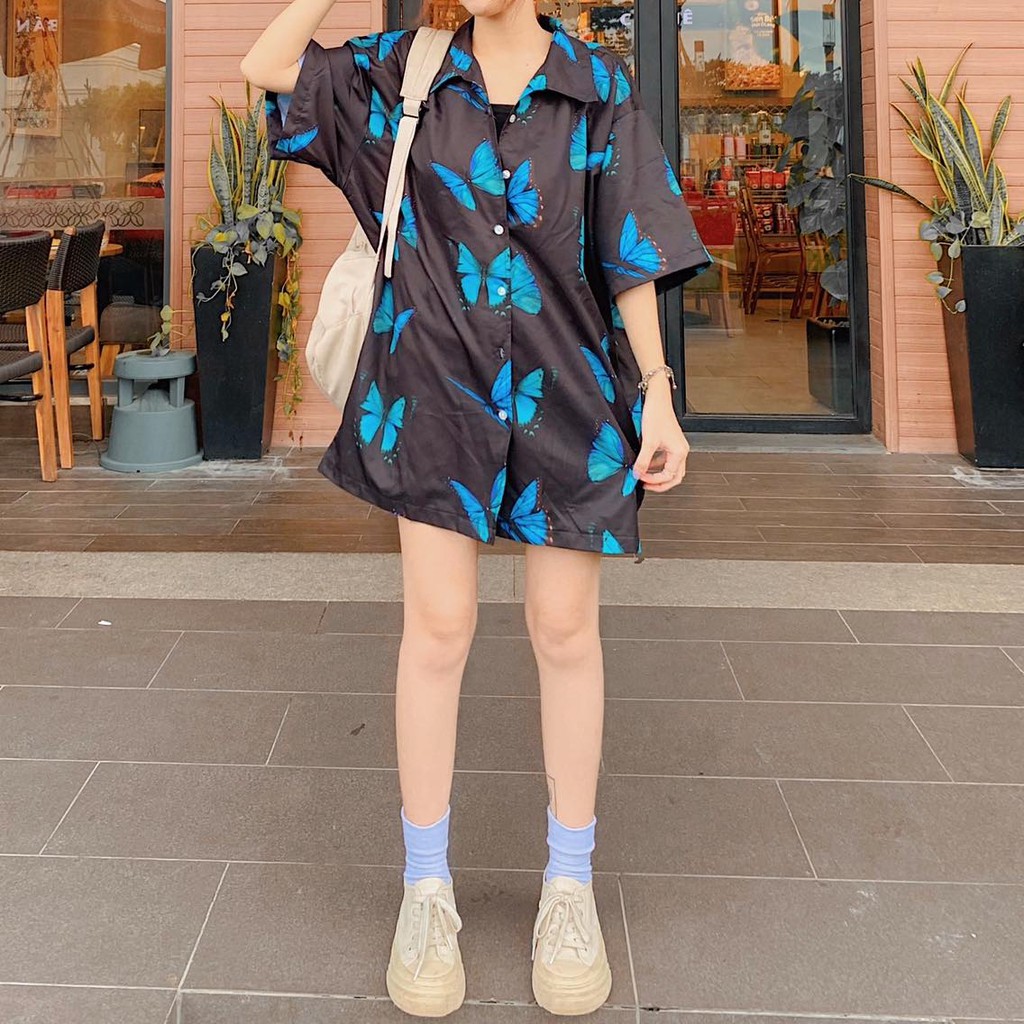 Áo Sơ Mi Tay Lỡ In Họa Tiết Bướm Xanh ZOOZOO