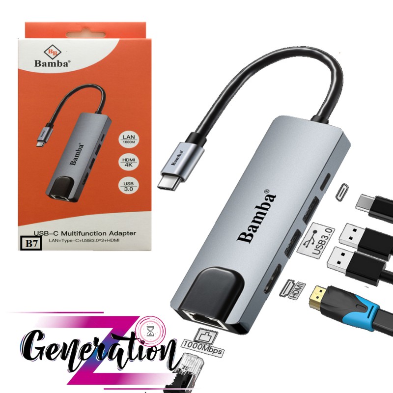 HUB CHUYỂN USB TYPE-C RA 2 USB 3.0+ 1 USB TYPE-C+ HDMI + RJ45 (1000) BAMBA B7