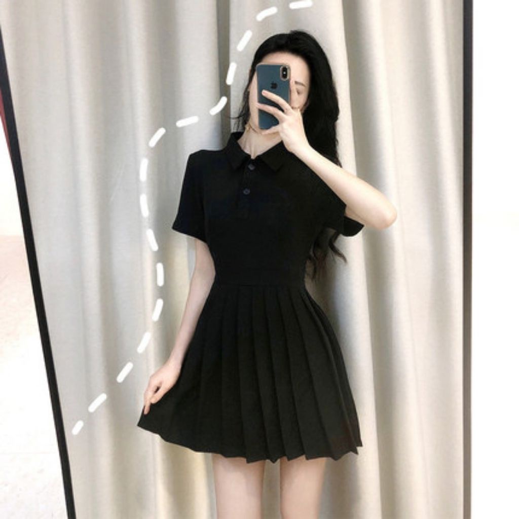 Váy Polo , Đầm Nữ Ngắn Xếp Ly , Dáng Xòe Màu Trơn , Chất Liệu Polyongester Cao Cấp Phong Cách Hàn Quốc