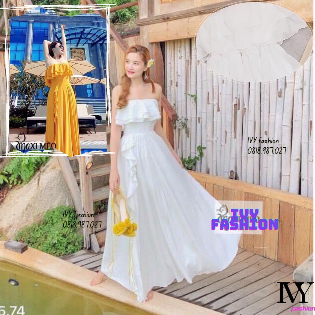 Đầm váy maxi suông bèo 🔥voan lót lụa🔥 trễ vai 2 dây vàng trắng đi biển dự tiệc dạo phố bigsize gợi cảm sexy
