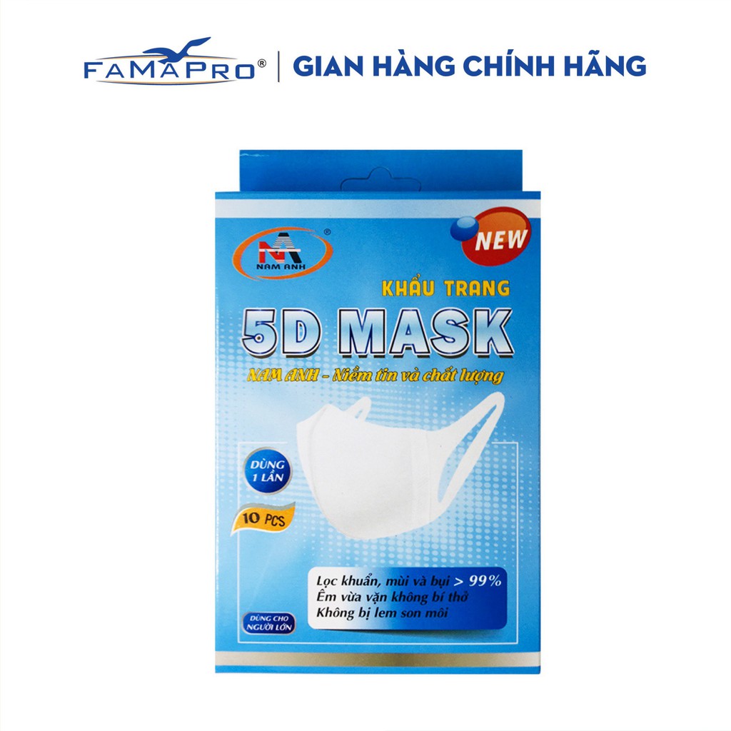 [HỘP10 CÁIMÀU TRẮNG] Khẩu trang y tế kháng khuẩn 3 lớp Famapro 5D Mask dây vải