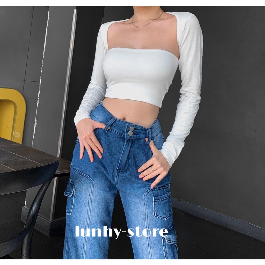 Áo Croptop Ôm Body Tay Dài Cổ Vuông Cotton Mịn Co Dãn Sexy