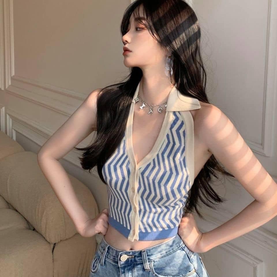 Áo Nữ , Áo Len Nữ Hở Lưng Cổ Bẻ Hàng Quảng Châu Hot Trend Nữ 2021