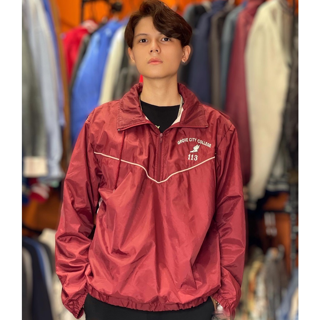 Áo khoác gió jacket chất liệu phao nam nữ unisex phối màu đỏ logo thêu trắng bóng chày 2 lớp siêu đẹp có nón