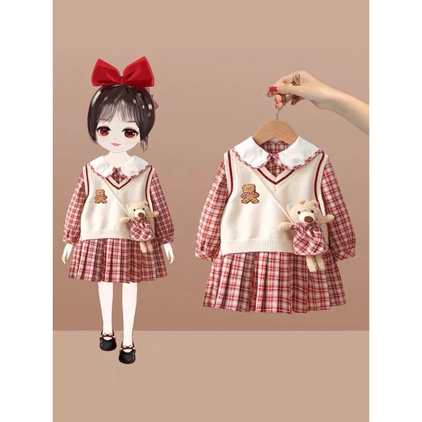 Set váy 3 chi tiết gấu thật cho bé gái