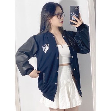 [Có Ảnh Thật] Áo Bomber Nỉ Phối Tay Da Hình Trái Tim Lar, Áo Khoác Nỉ Nam Nữ Form Rộng Anne Boutique Mã 721